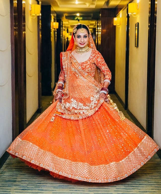 Online Orange Net Desingner Wedding Lehenga