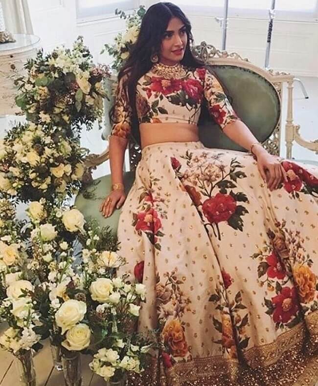 beige floral print lehenga