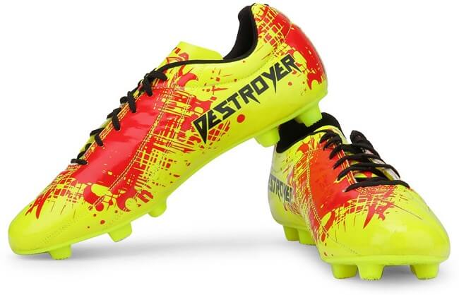 neon green and red printed football shoes