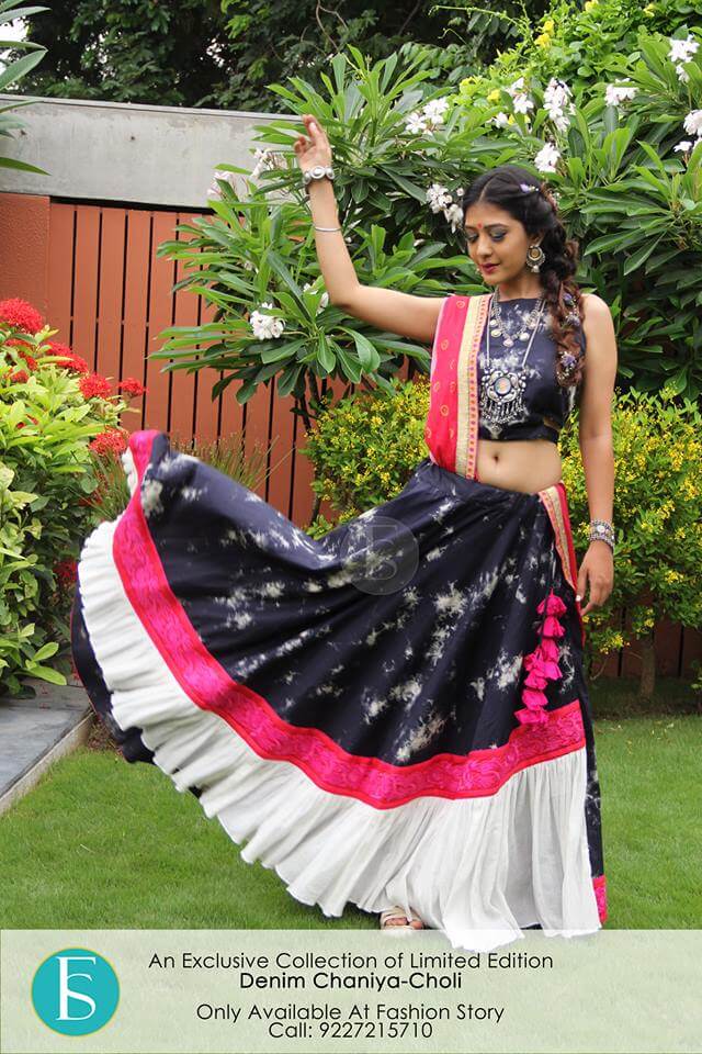 trendy collection denim ghagra choli designs, chaniya choli images with price