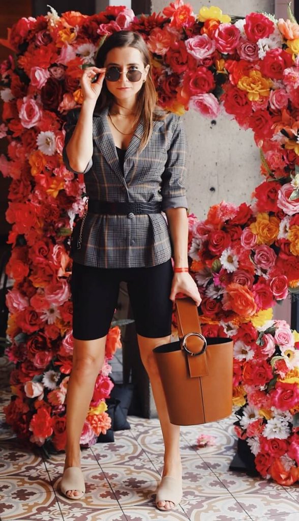 biker shorts outfit with blazer