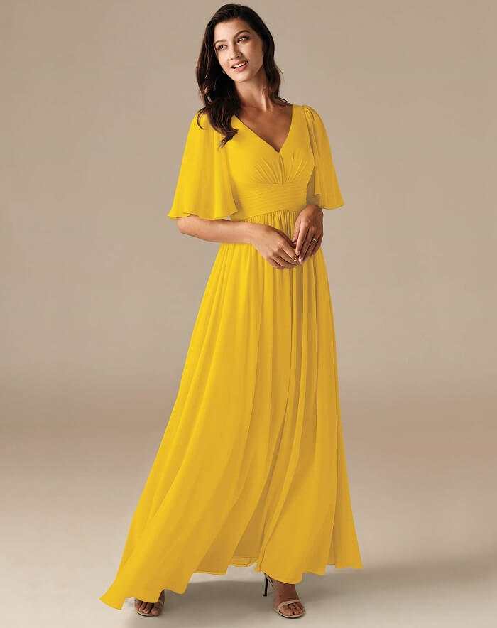 evening dress with flutter sleeves